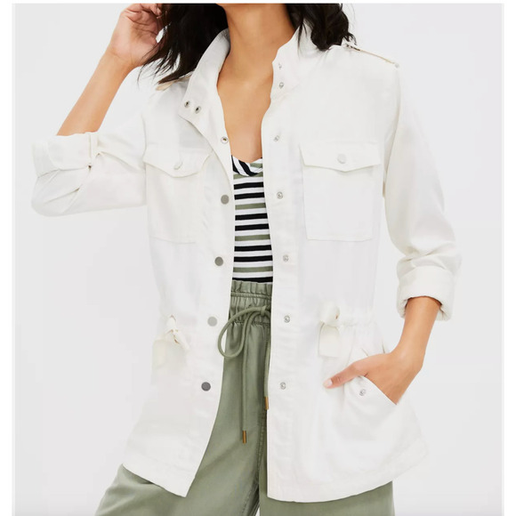 LOFT Utility Jacket Snap Button Drawstring in White Women's Size Small - Picture 1 of 15